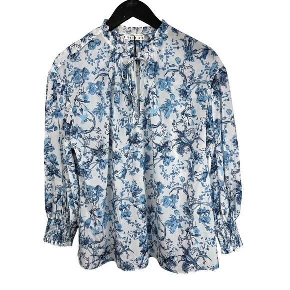 ALICE + OLIVIA Julius Tie Neck Blouson Sleeve Stretch Silk Top - Picture 6 of 7